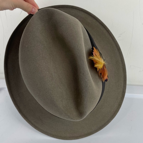 Mens Fur Felt Fedora Hat Taupe Sz 7 / Medium Feather Brim - Picture 4 of 12
